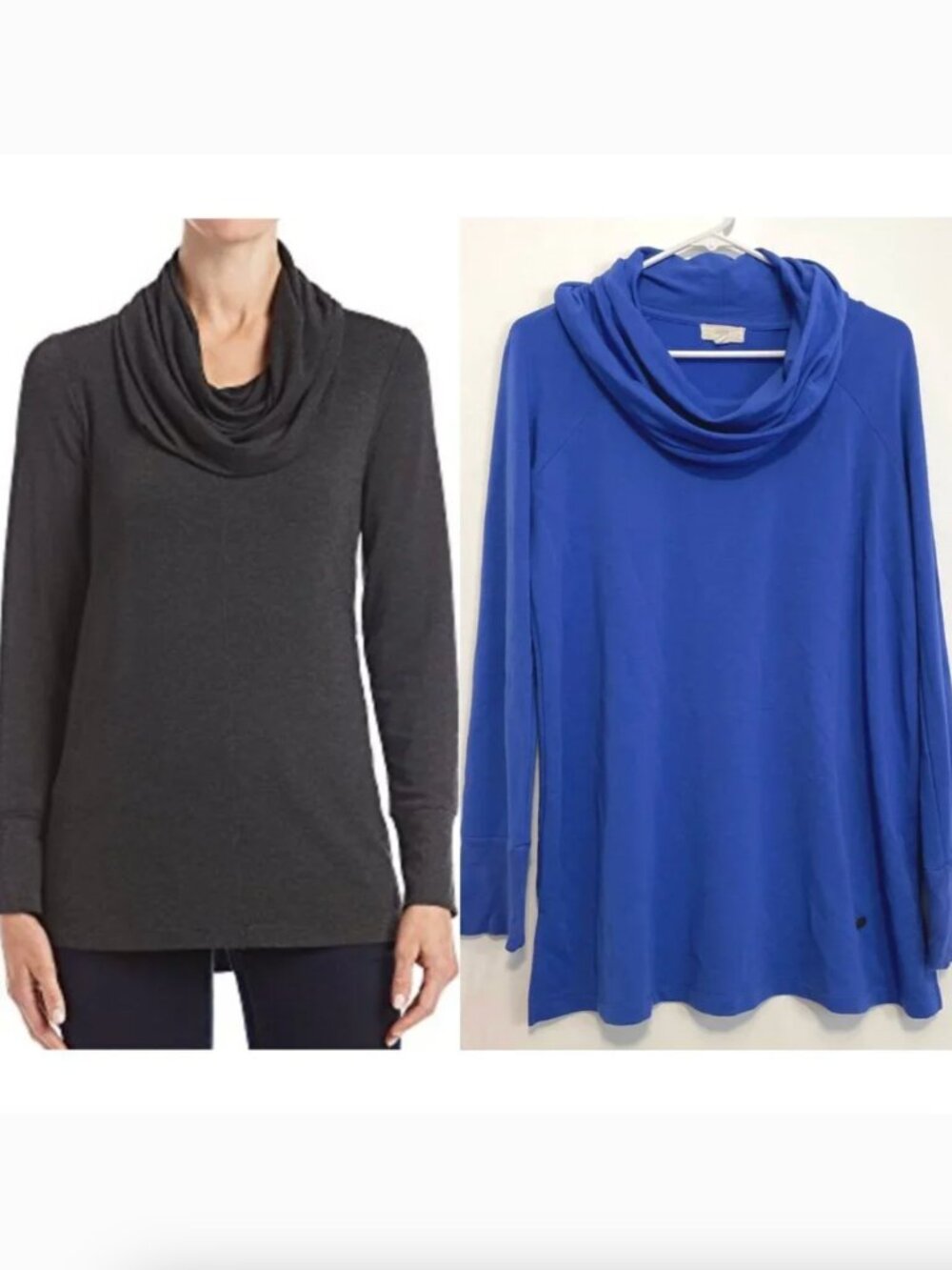 CUPIO Royal Blue Mixed Media Long Sleeve Cowl Neck Funnel Neck Boho Tunic Top M
